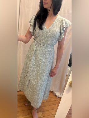 Madewell Light Sage Green Floral Wrap Midi Dress